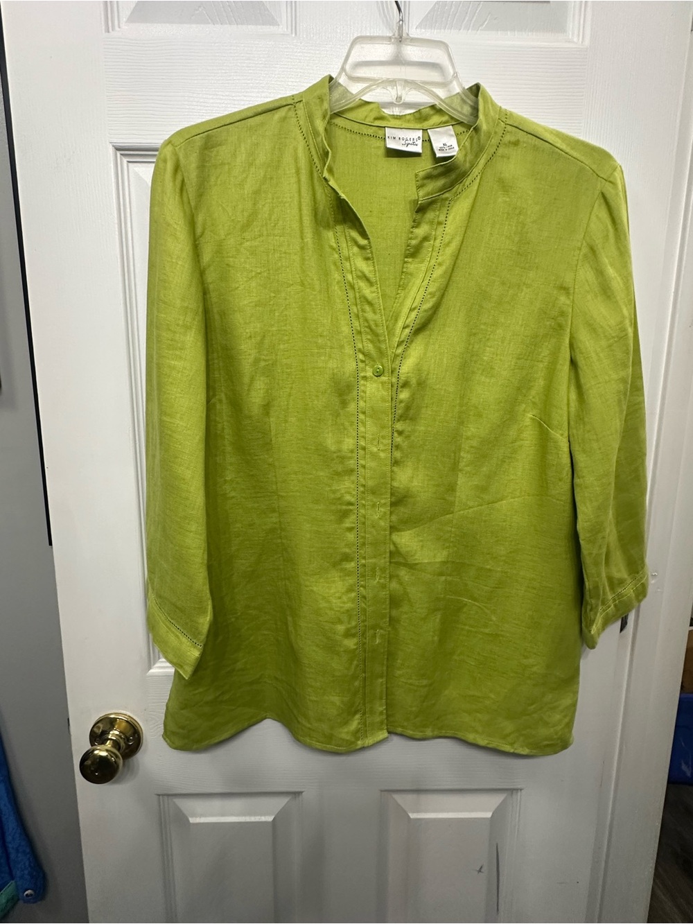 Kim Rogers Signature Lime Green Linen Split-Neck Blouse